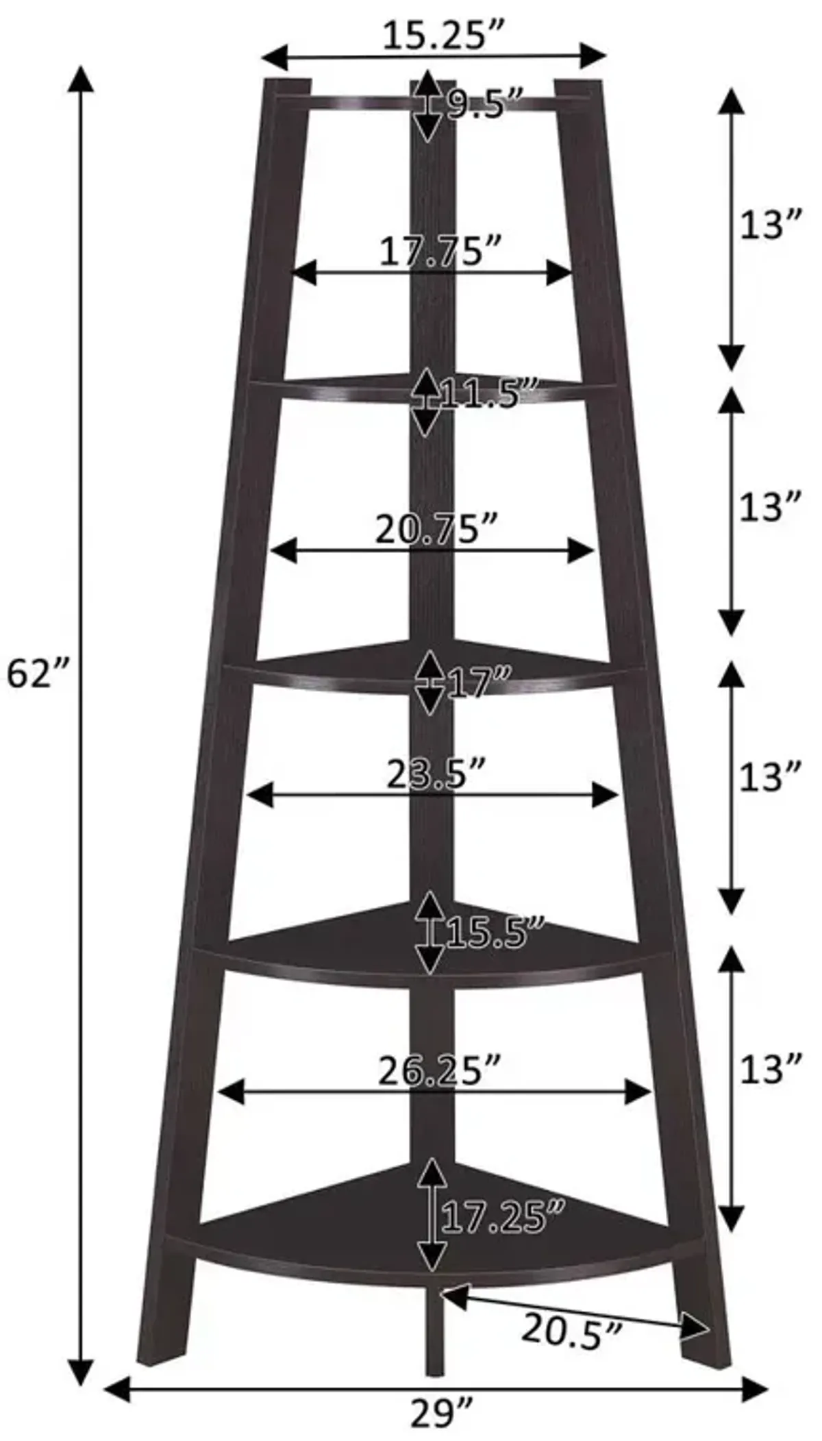 Convenience Concepts Newport 5 Tier Wide Corner Bookcase, Espresso