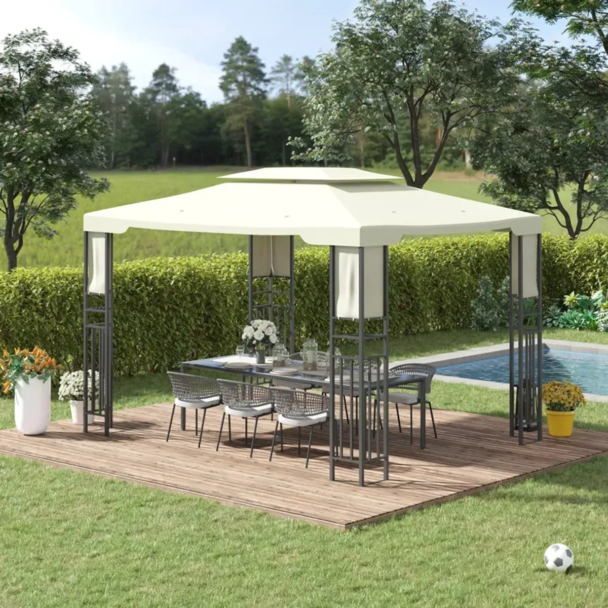 Cream Steel Sanctuary: 13x10 Double-Vented Gazebo with Shelves