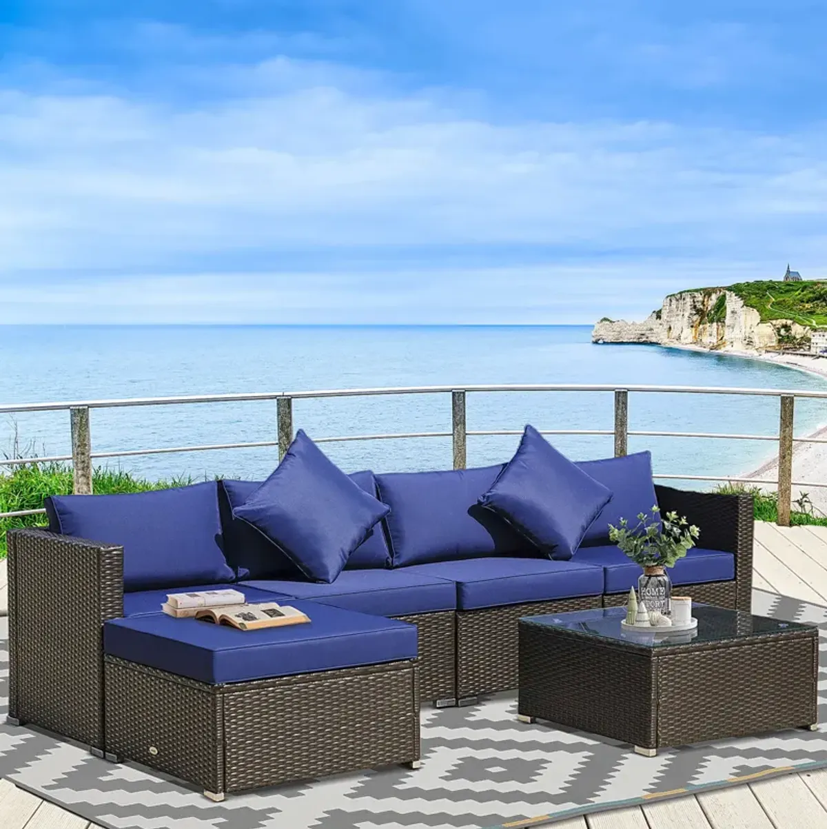 Blue Outdoor Lounge: 6PC Rattan Sofa Set with Coffee Table