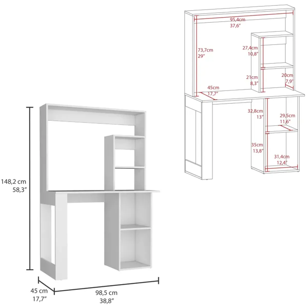 Maine Desk With Hutch and  Shelves -White