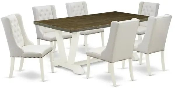 East West Furniture 7-Piece Dining Table Set Includes 6 White Pu Leather Kitchen Chairs Button Tufted with Nail heads and Rectangular Dining Table - Linen White Finish