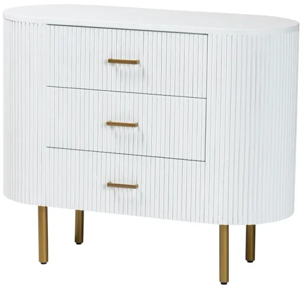 bali & pari Beyla Mid Century White Fluted Wood and Gold Metal 3 Drawer Dresser