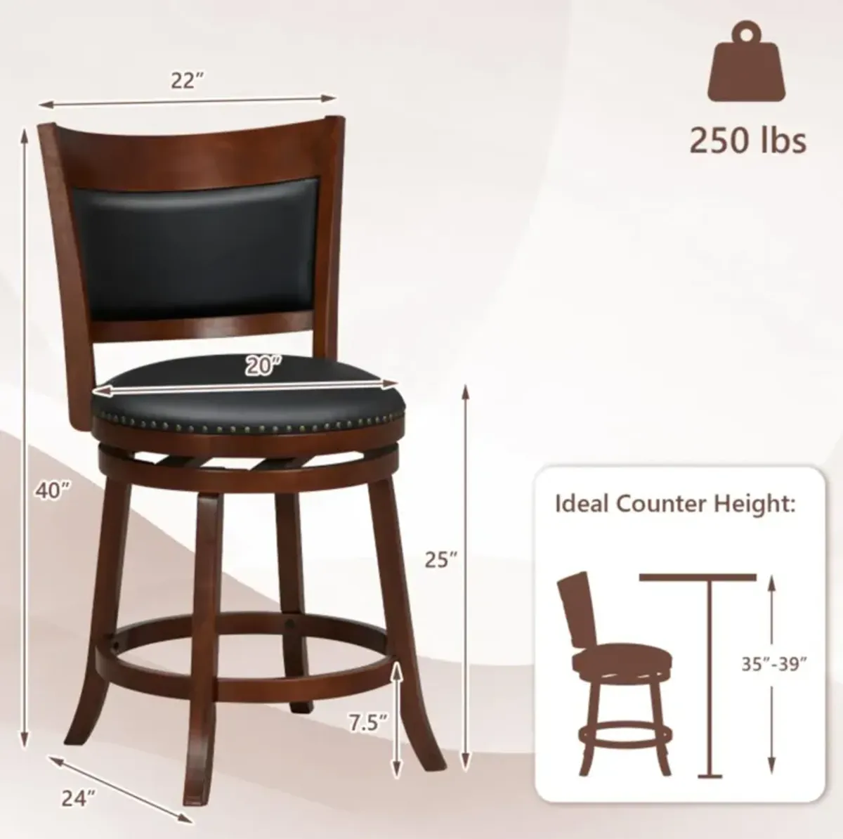 Hivvago Swivel Bar Stools Set of 2 with 20 Inch Wider Cushioned Seat