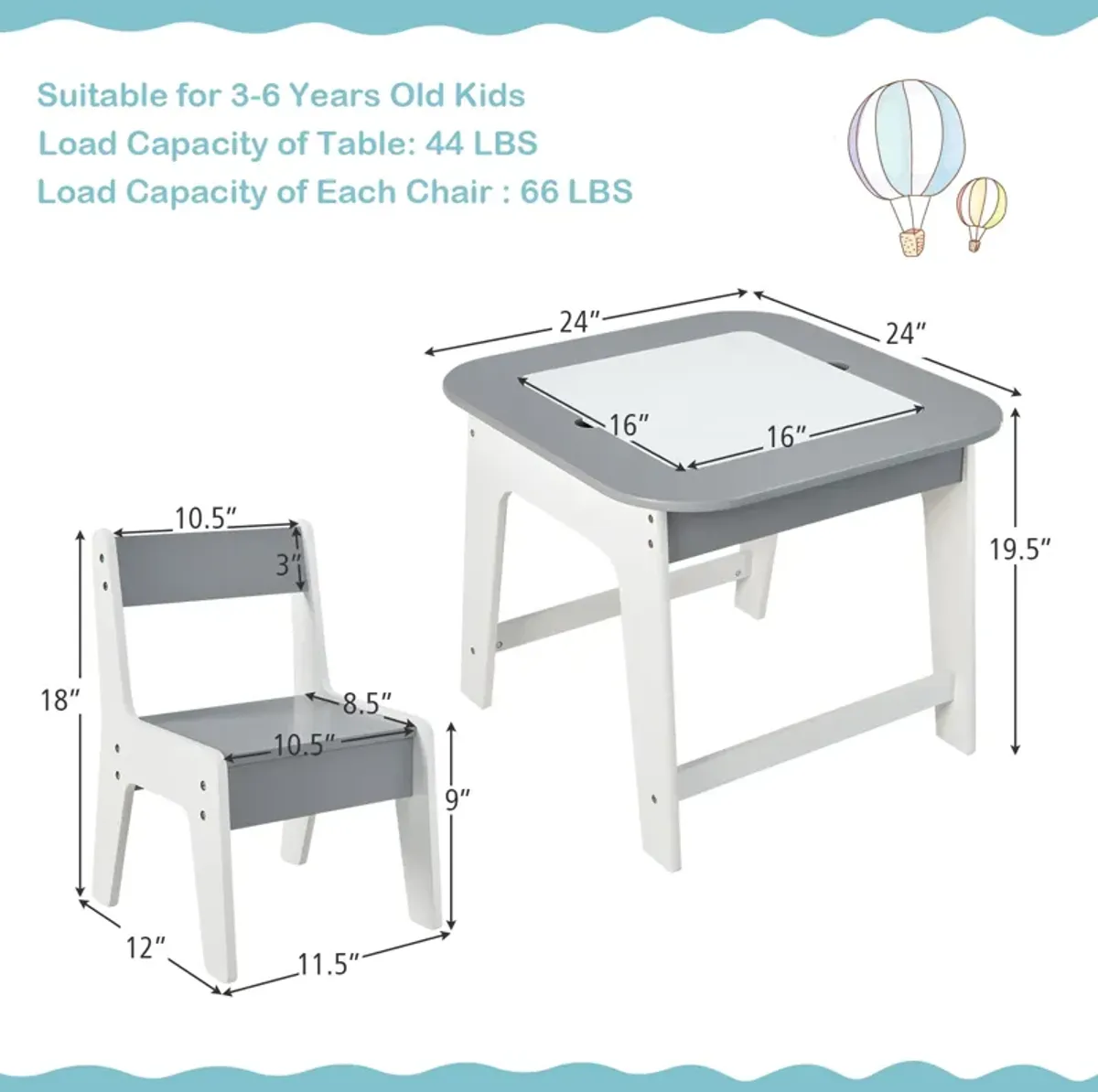 Kid's Table and Chairs Set with Double-sized Tabletop