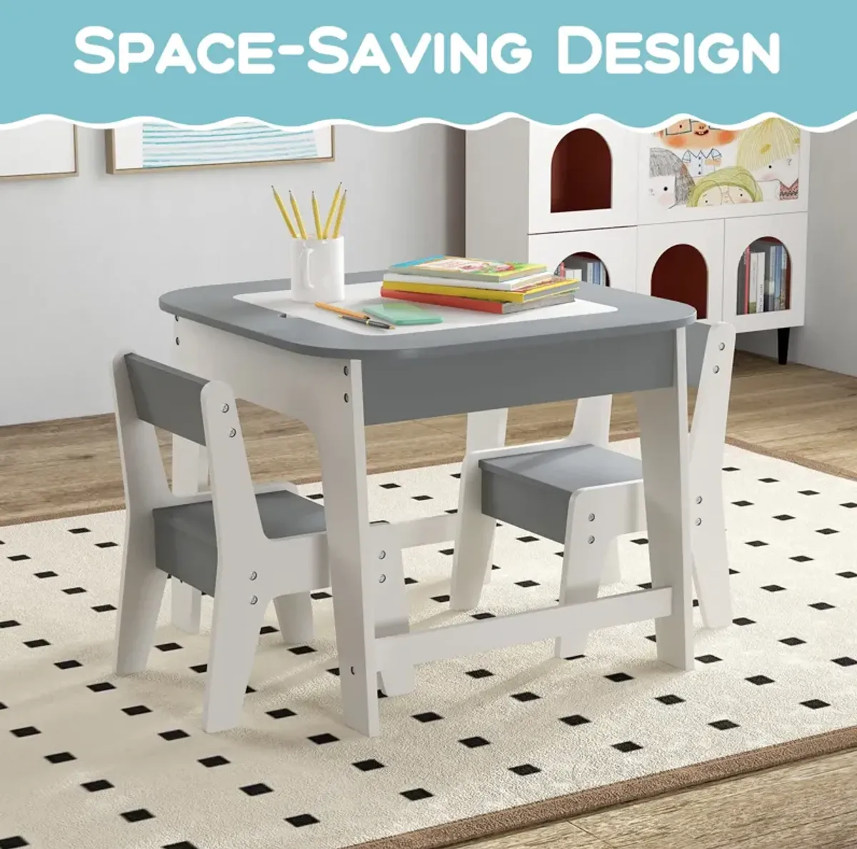 Kid's Table and Chairs Set with Double-sized Tabletop