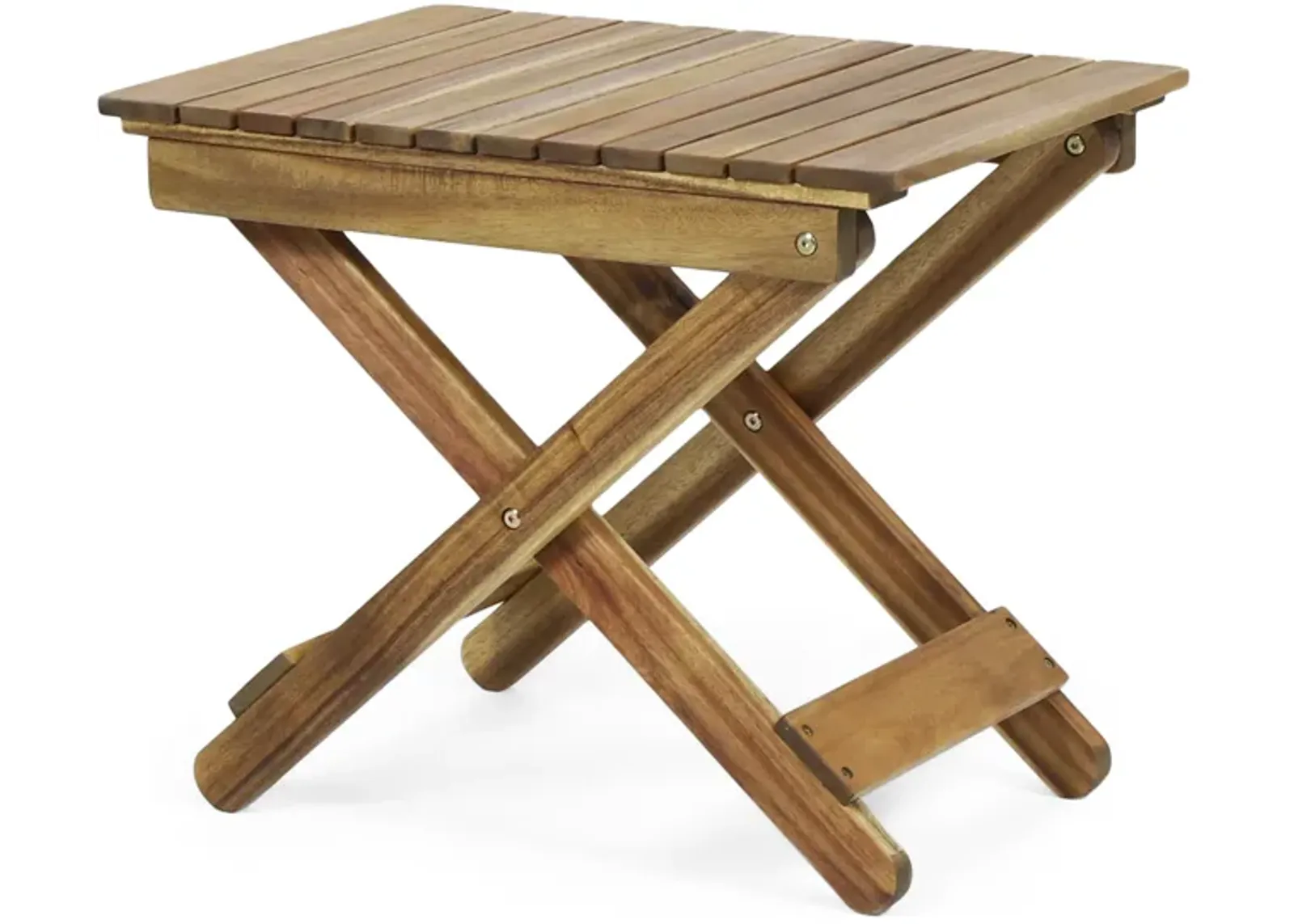 Kyre Outdoor Side Table, Foldable Slatted 23 Inch, Brown Acacia Wood - Benzara