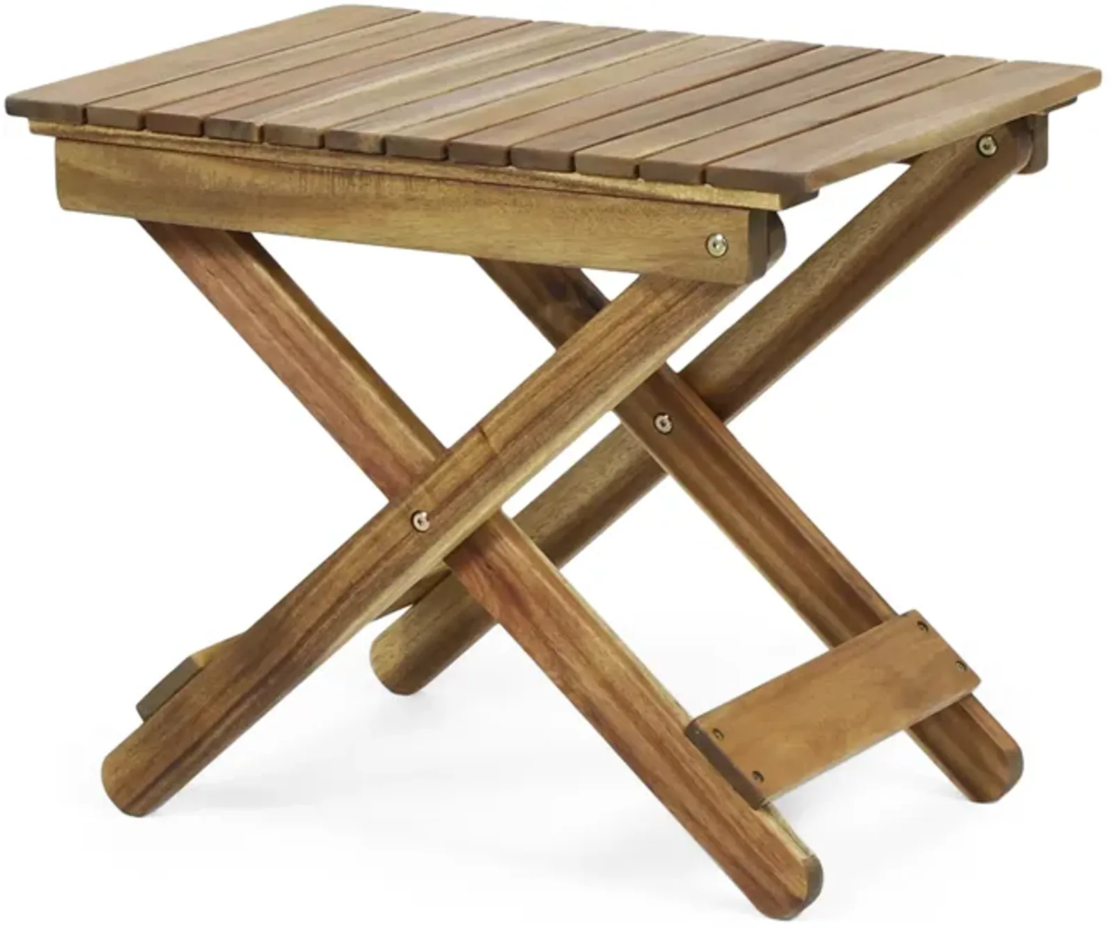 Kyre Outdoor Side Table, Foldable Slatted 23 Inch, Brown Acacia Wood - Benzara