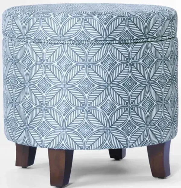 Loni Round Storage Ottoman, 19 Inch Indigo Blue Pattern, Walnut Brown - Benzara