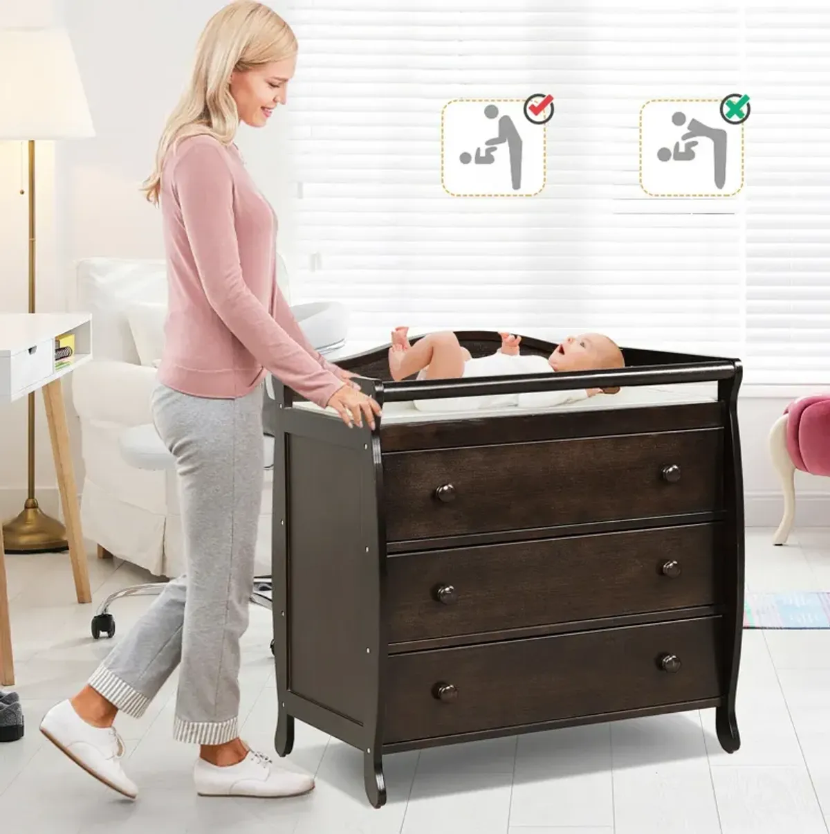 Baby Changing Station with Safety Strap and 3 Storage Drawers – Nursery Furniture