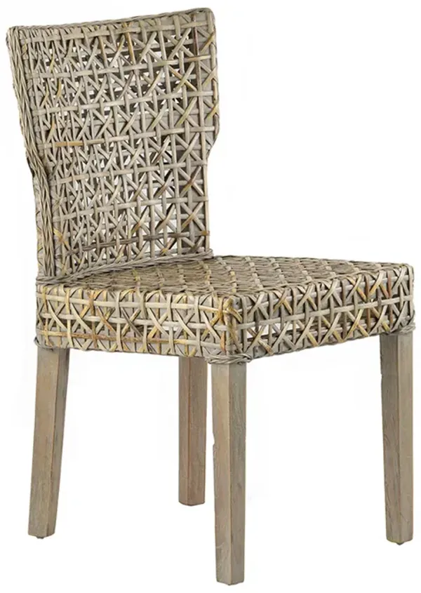 22 Inch Side Dining Chair, Woven Rattan Backrest and Seat, Weathered Gray - Benzara