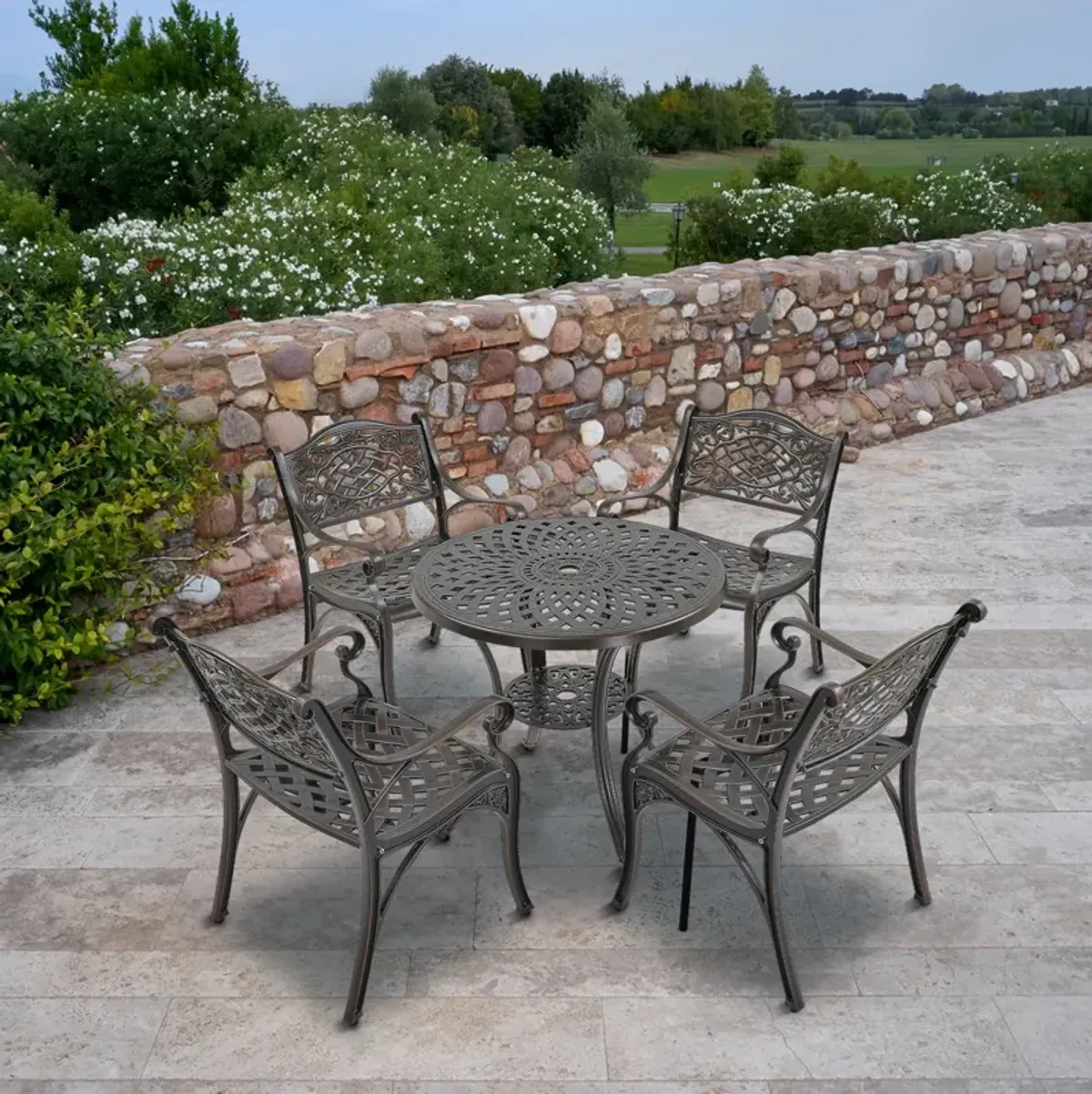 MONDAWE 5-Piece Cast Aluminum Outdoor Dining Set, Piece Chair and Round Table with Umbrella Hole