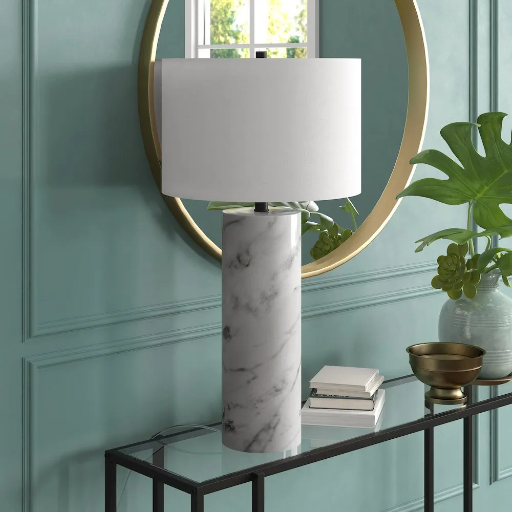 HomeRoots 30 White Marble Cylinder Table Lamp With White Drum Shade