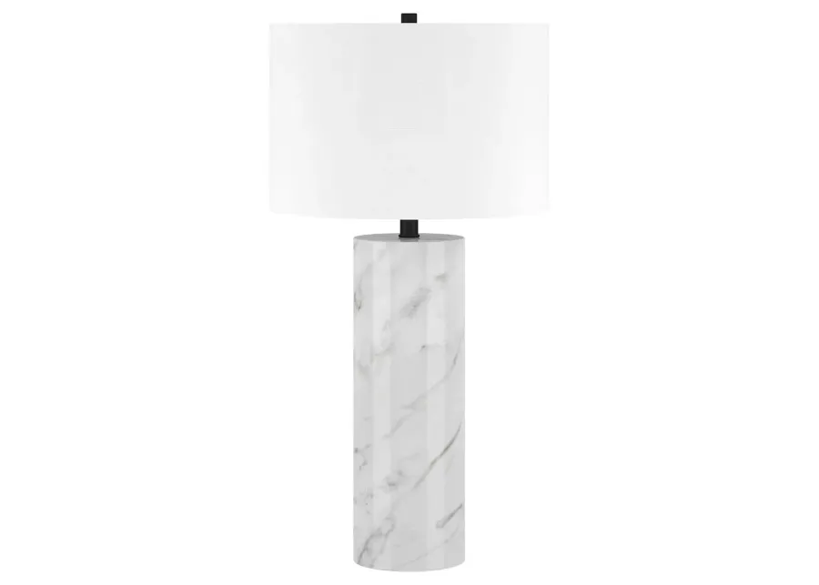 HomeRoots 30 White Marble Cylinder Table Lamp With White Drum Shade