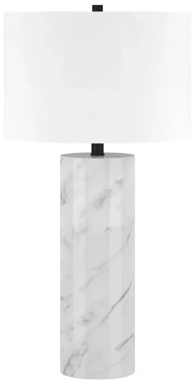 HomeRoots 30 White Marble Cylinder Table Lamp With White Drum Shade