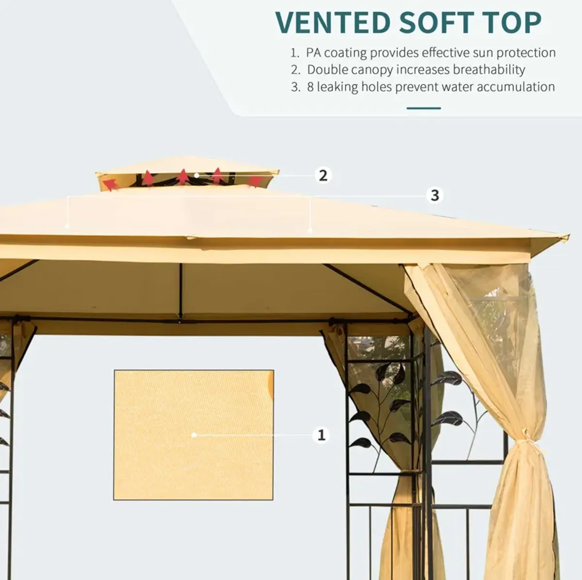 Beige Garden Shelter: 10x10 Steel Frame Gazebo with 2-Tier Roof & Mesh Walls