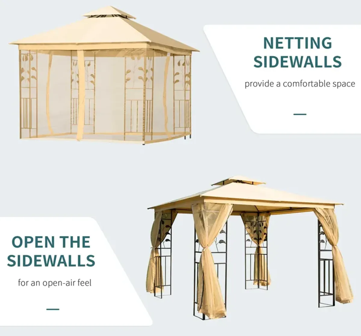 Beige Garden Shelter: 10x10 Steel Frame Gazebo with 2-Tier Roof & Mesh Walls