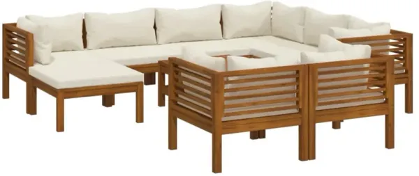 10pc Outdoor Modular Sofa Set, Coffee Table, Solid Acacia Wood, Cream - Benzara