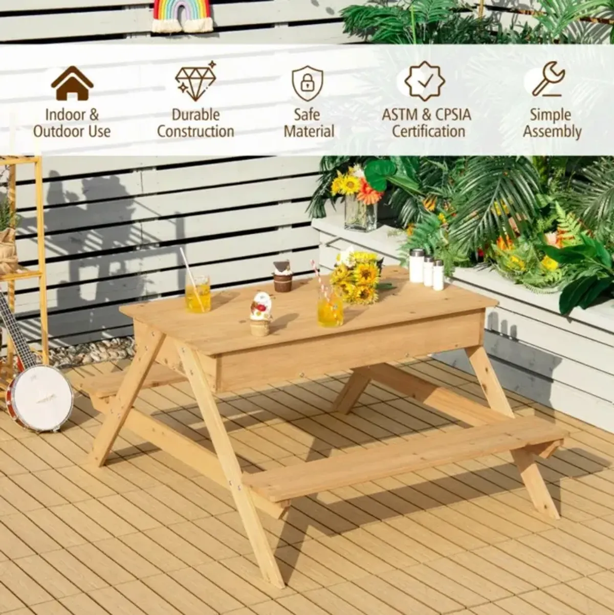 Hivvago 3-in-1 Kids Picnic Table Wooden Outdoor Water Sand Table with Play Boxes