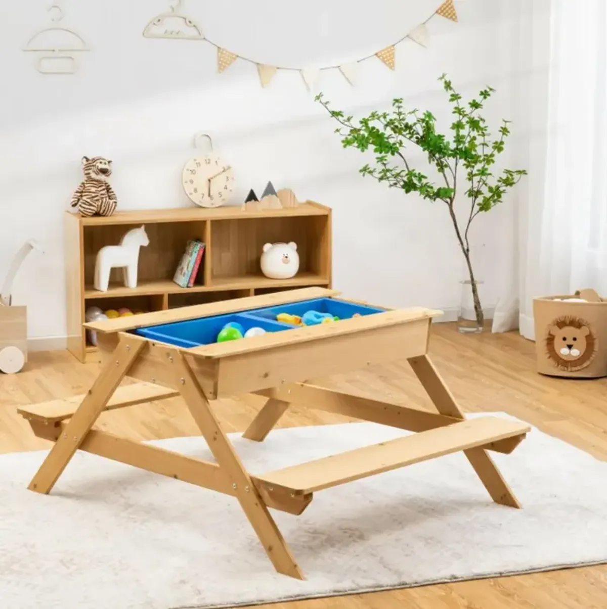 Hivvago 3-in-1 Kids Picnic Table Wooden Outdoor Water Sand Table with Play Boxes