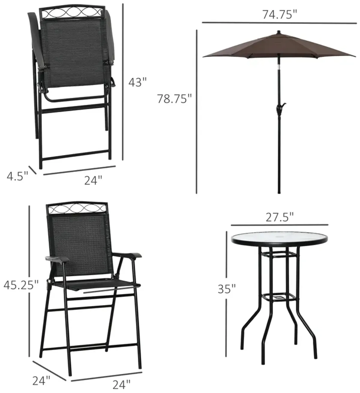 Black Patio Dining: 4-Piece Bar Set with Umbrella and Folding Chairs