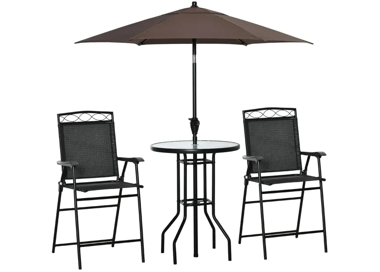 Black Patio Dining: 4-Piece Bar Set with Umbrella and Folding Chairs