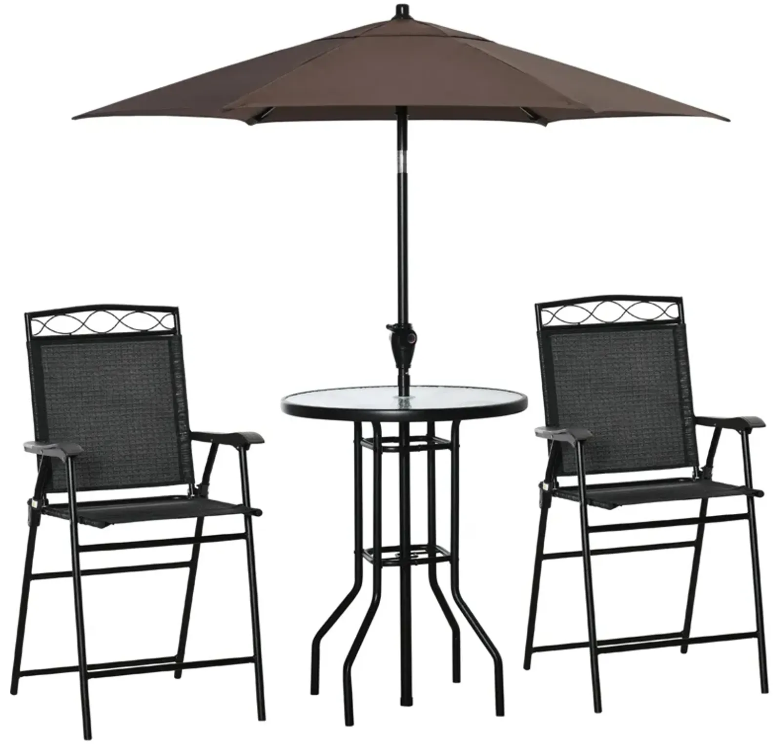 Black Patio Dining: 4-Piece Bar Set with Umbrella and Folding Chairs