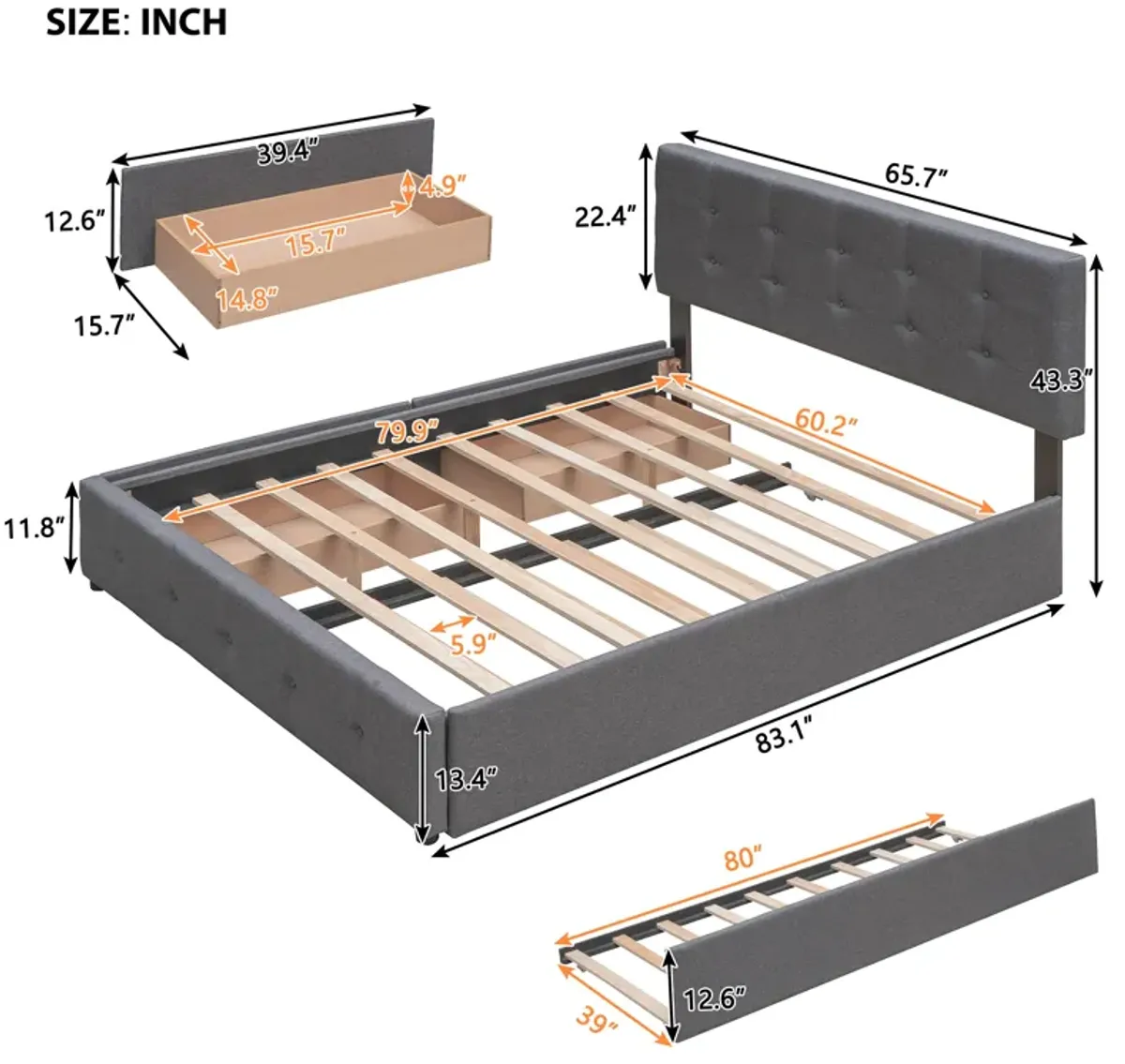 Merax Upholstered Platform Bed with 2 Drawers and 1 Twin XL Trundle