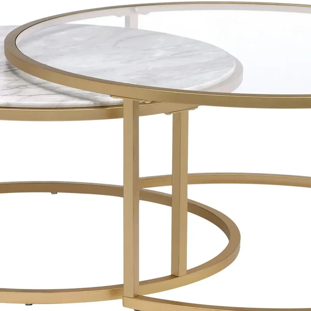 Metal Framed Nesting Coffee Tables with Glass and Marble Tops, Set of Two, Gold-Benzara