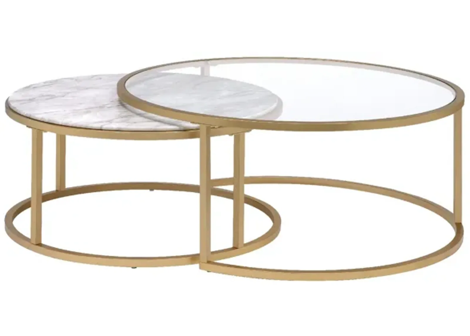 Metal Framed Nesting Coffee Tables with Glass and Marble Tops, Set of Two, Gold-Benzara