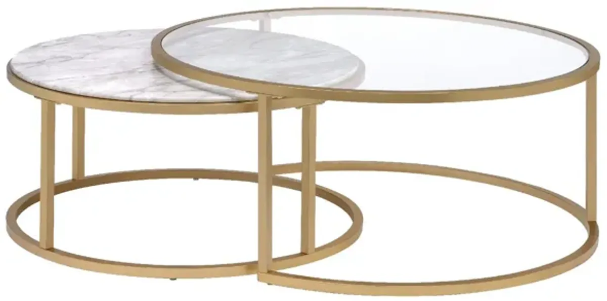 Metal Framed Nesting Coffee Tables with Glass and Marble Tops, Set of Two, Gold-Benzara