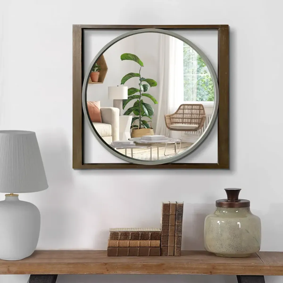 Round Wall Mirror with Rectangular Wooden Frame, Brown-Benzara