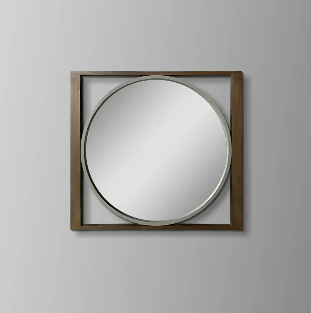 Round Wall Mirror with Rectangular Wooden Frame, Brown-Benzara