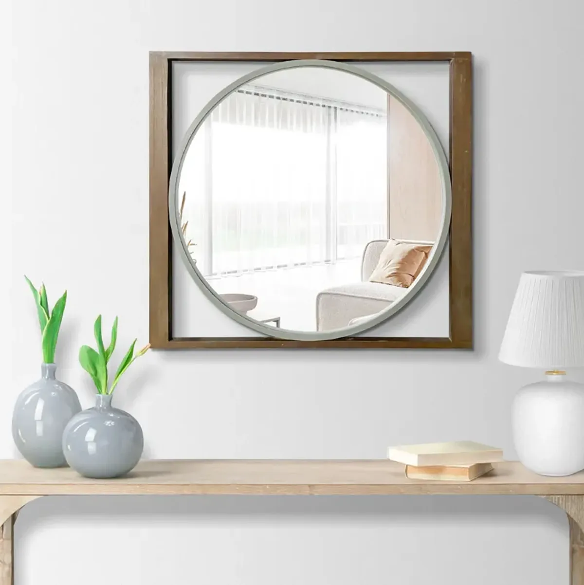 Round Wall Mirror with Rectangular Wooden Frame, Brown-Benzara