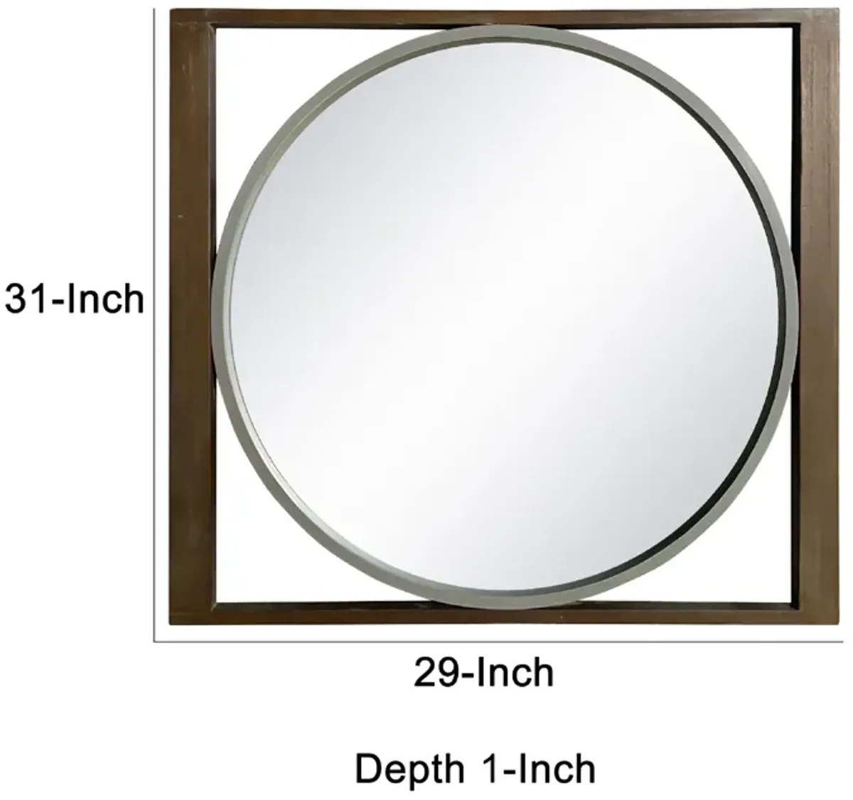 Round Wall Mirror with Rectangular Wooden Frame, Brown-Benzara