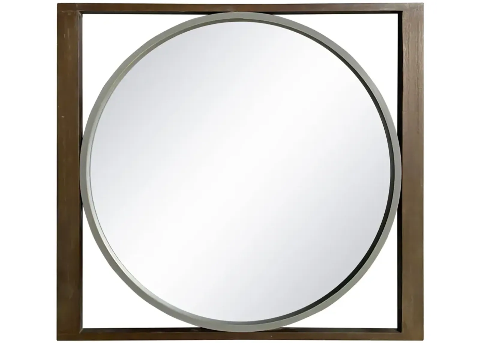 Round Wall Mirror with Rectangular Wooden Frame, Brown-Benzara