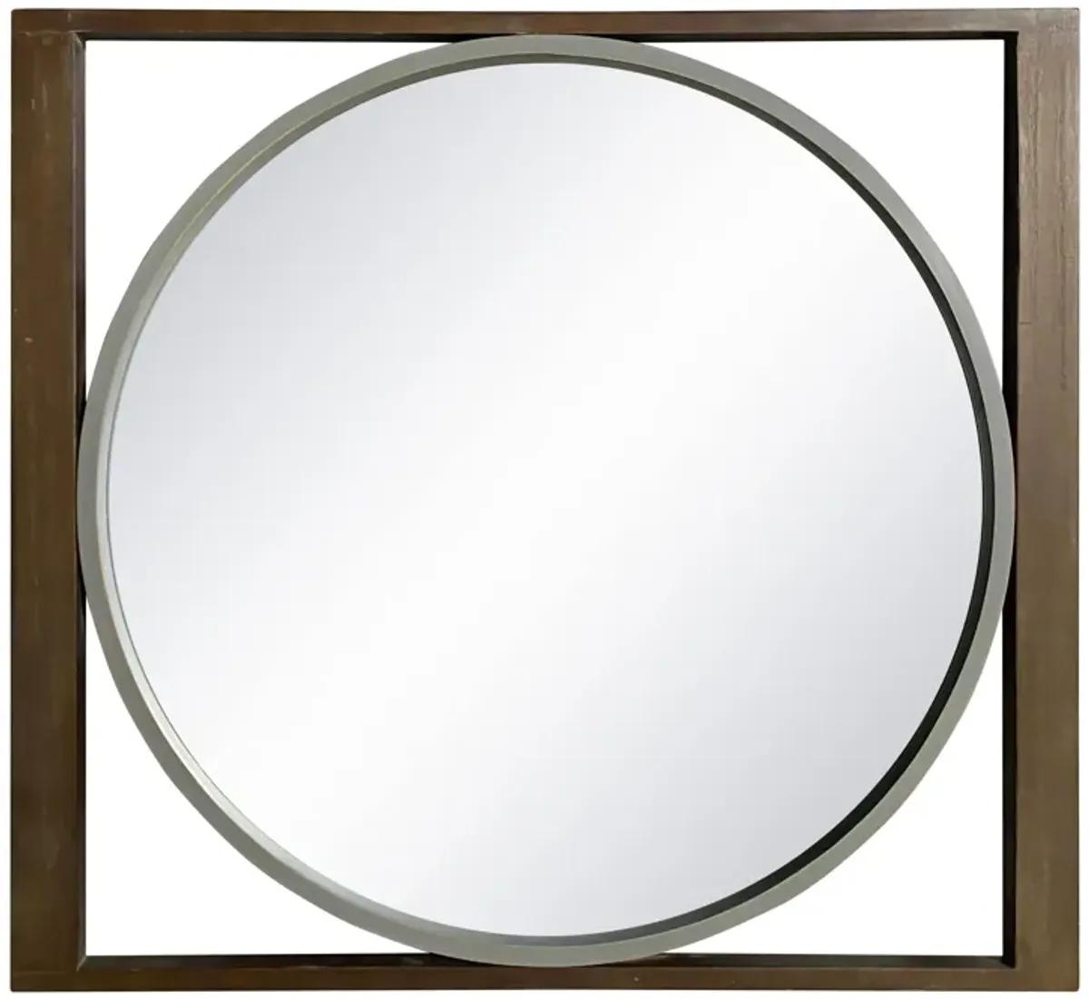 Round Wall Mirror with Rectangular Wooden Frame, Brown-Benzara