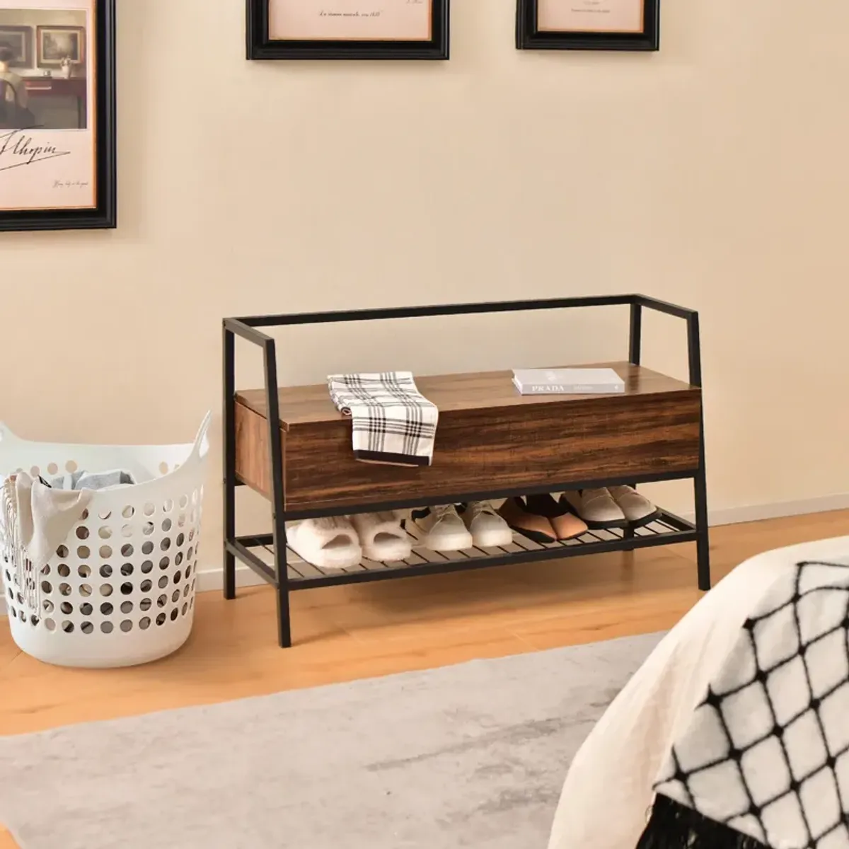 Industrial Shoe Bench with Storage Space and Metal Handrail-Rustic Brown