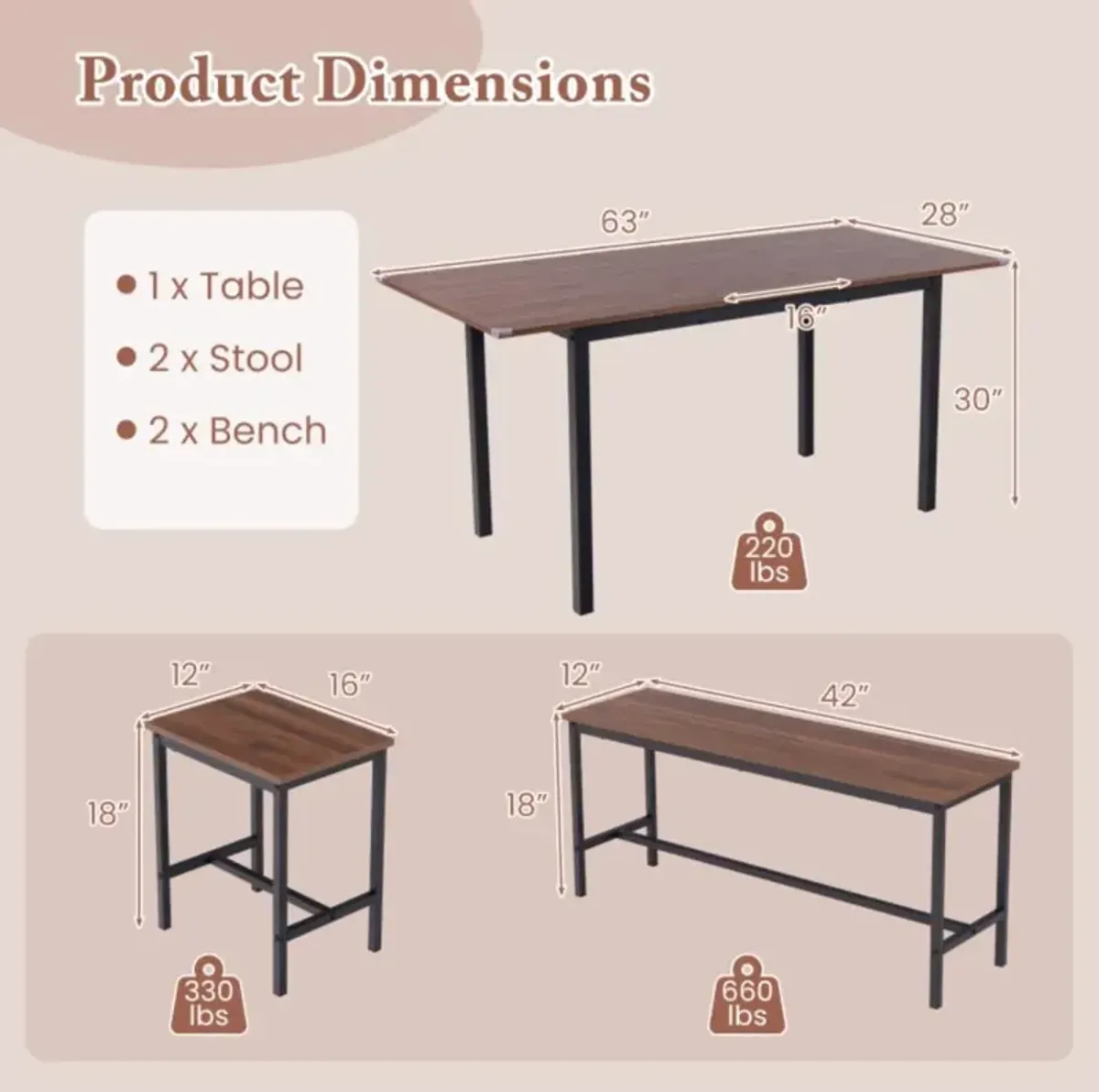 Hivvago 5 Piece Dining Table Set for 4-6 with 2 Benches & 2 Stools for Kitchen Dining Room