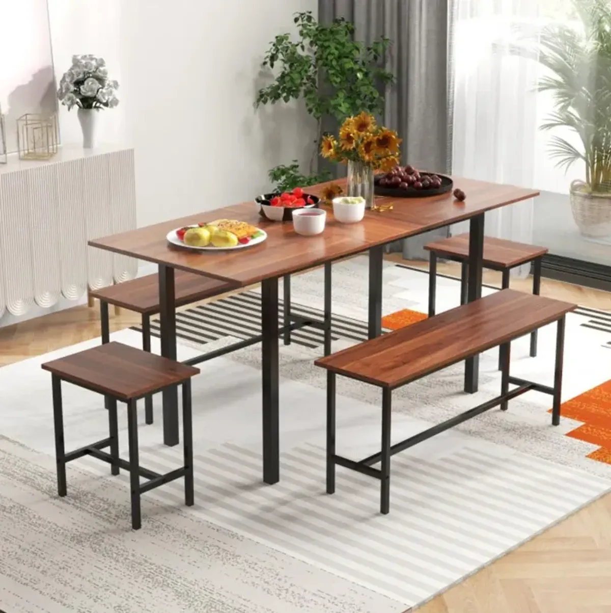 Hivvago 5 Piece Dining Table Set for 4-6 with 2 Benches & 2 Stools for Kitchen Dining Room