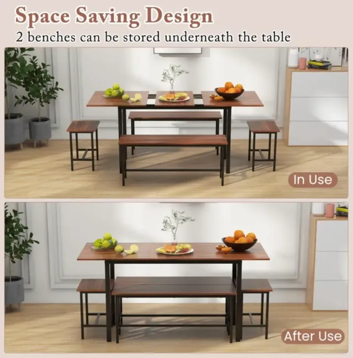 Hivvago 5 Piece Dining Table Set for 4-6 with 2 Benches & 2 Stools for Kitchen Dining Room