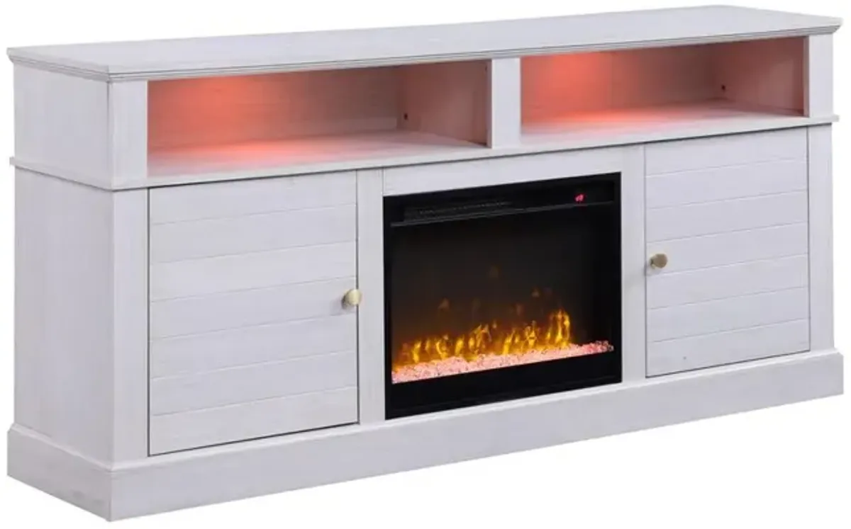 Lilola Home Lucifer 70W White Walnut Finish TV Stand Console with Fireplace