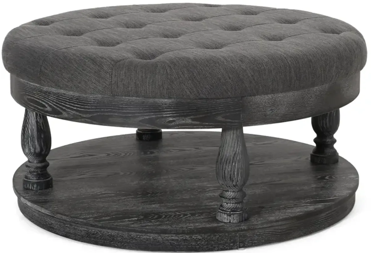 Sanya Ottoman Table, Dark Gray Fabric, Black Wood, Round 40 Inch -Benzara