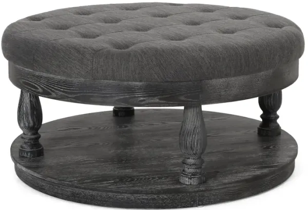 Sanya Ottoman Table, Dark Gray Fabric, Black Wood, Round 40 Inch - Benzara