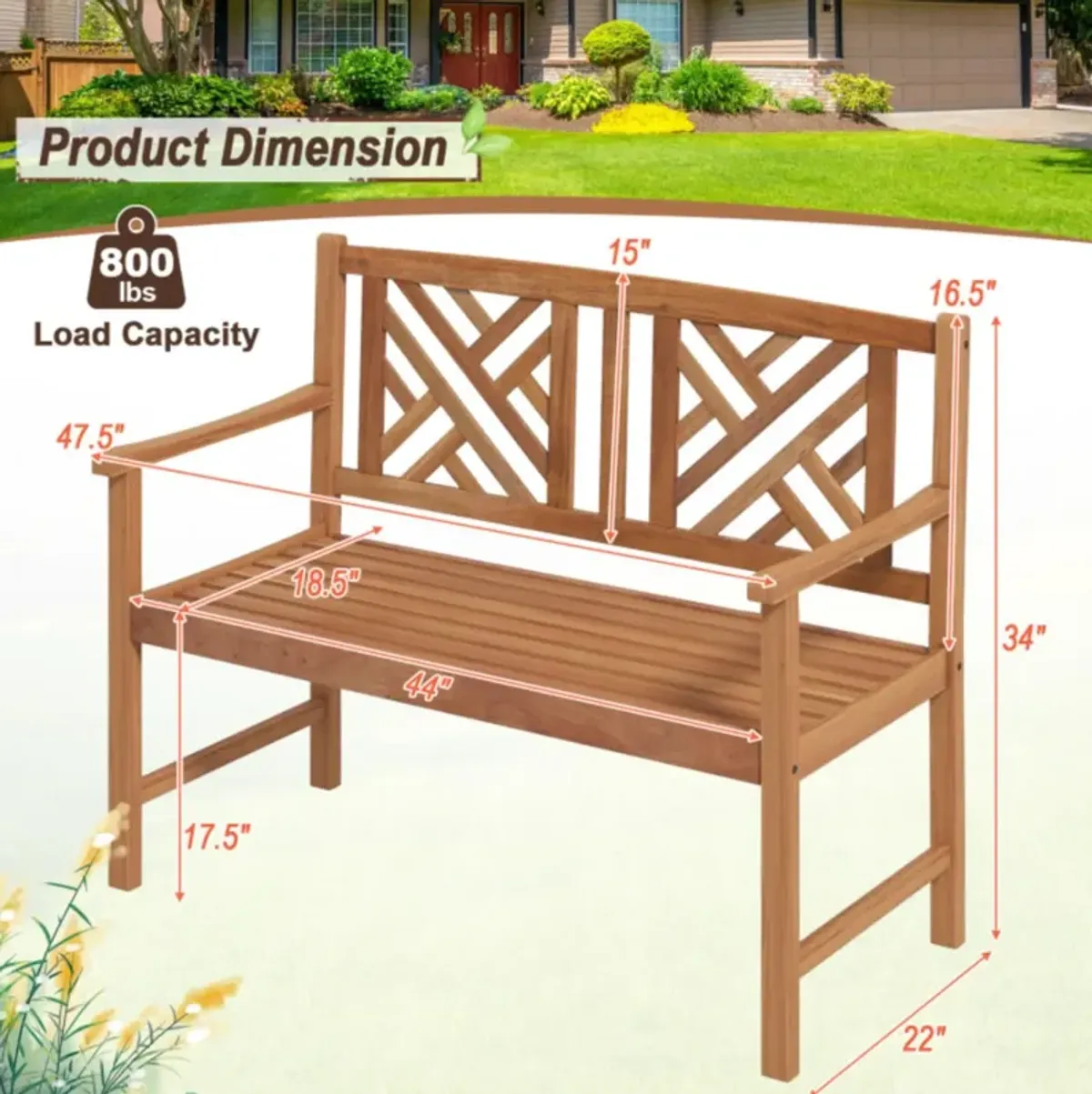 Hivvago 2-Person Wood Outdoor Bench with Cozy Armrest and Backrest