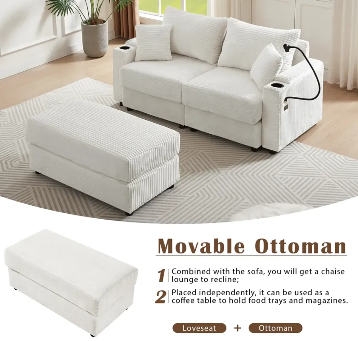 Merax Modern Loveseat Sofa with A Movable Ottoman