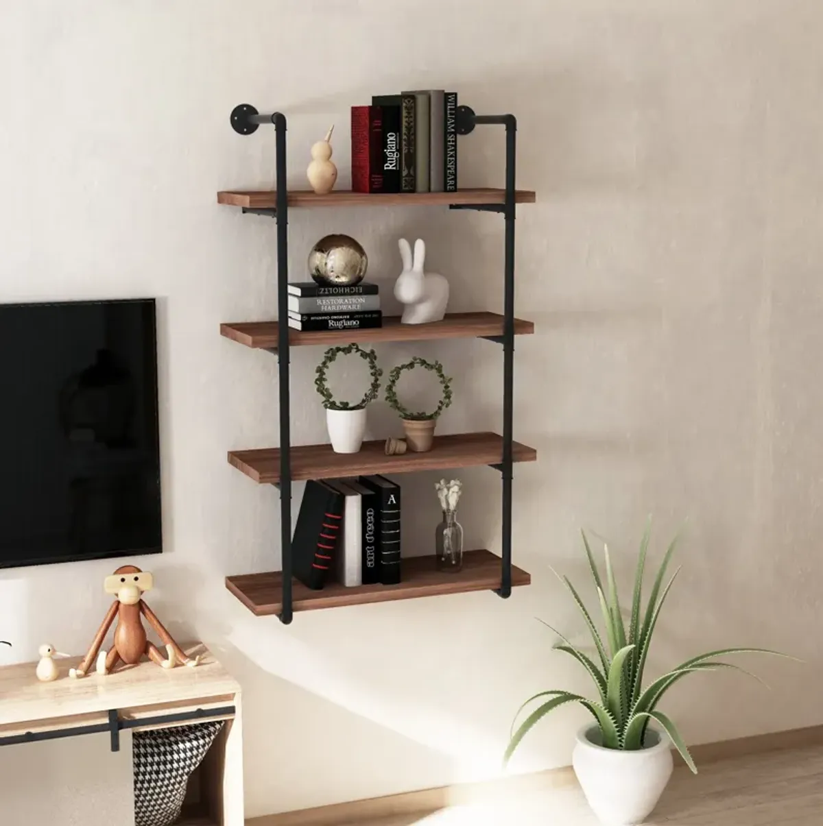 Rustic Floating Shelves: 4-Tier Industrial Pipe Wall-Mounted Rack