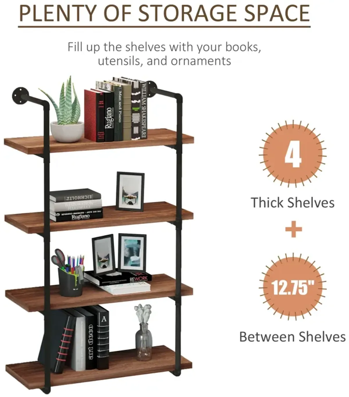 Rustic Floating Shelves: 4-Tier Industrial Pipe Wall-Mounted Rack