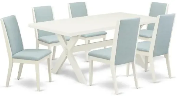 East West Furniture 7Pc Wood Dining Table Set Consists of a Dining Table and 6 Parsons Chairs with Baby Blue Color Linen Fabric, Medium Size Table with Full Back Chairs, Wirebrushed Linen