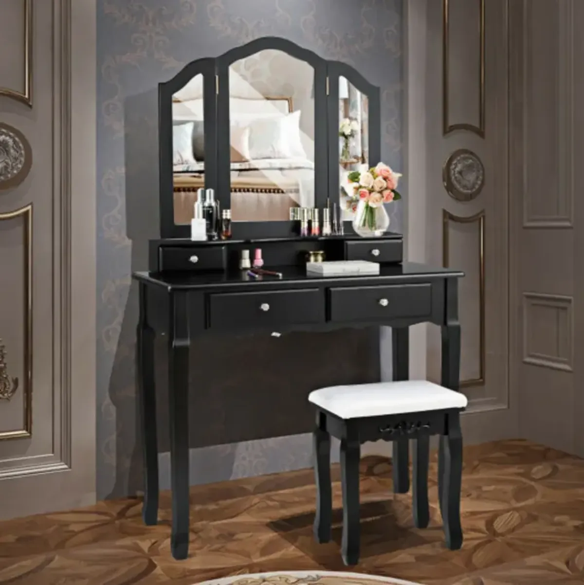 Tri Folding Mirror Vanity Table Stool Set with 4 Drawers and Cushioned Stool