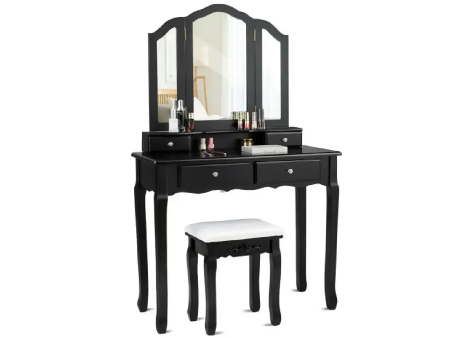 Tri Folding Mirror Vanity Table Stool Set with 4 Drawers and Cushioned Stool